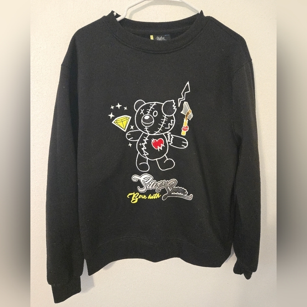 Bleeker & Mercer Bear Born With Silver Spoon Black Pullover Hoodie Mens Medium